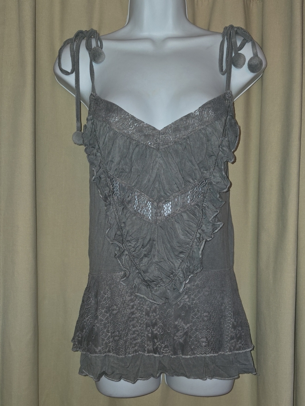 POL Gray Ruffled Lace-Trim Tie-Shoulder Camisole